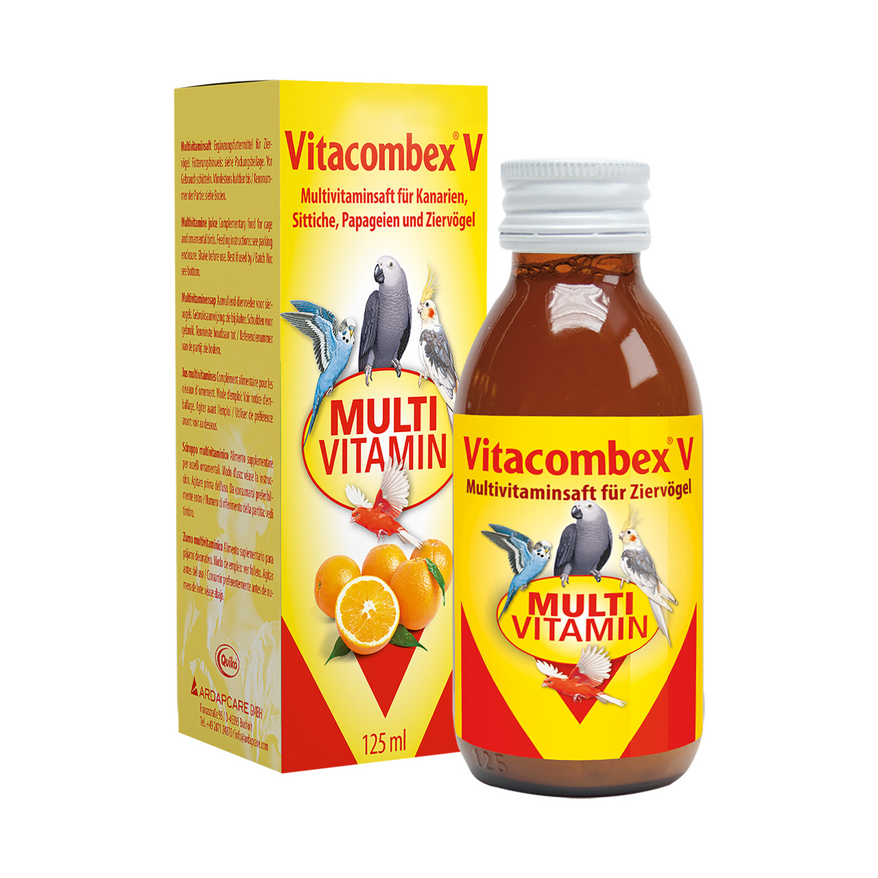 Das Bild zeigt das Produkt "Vitacombex V" der Marke Quiko, einen Multivitaminsaft für Ziervögel wie Kanarien, Sittiche, Papageien und andere. Die Verpackung und die 125-ml-Flasche sind abgebildet. Der Saft unterstützt die Gesundheit und Vitalität der Vöge