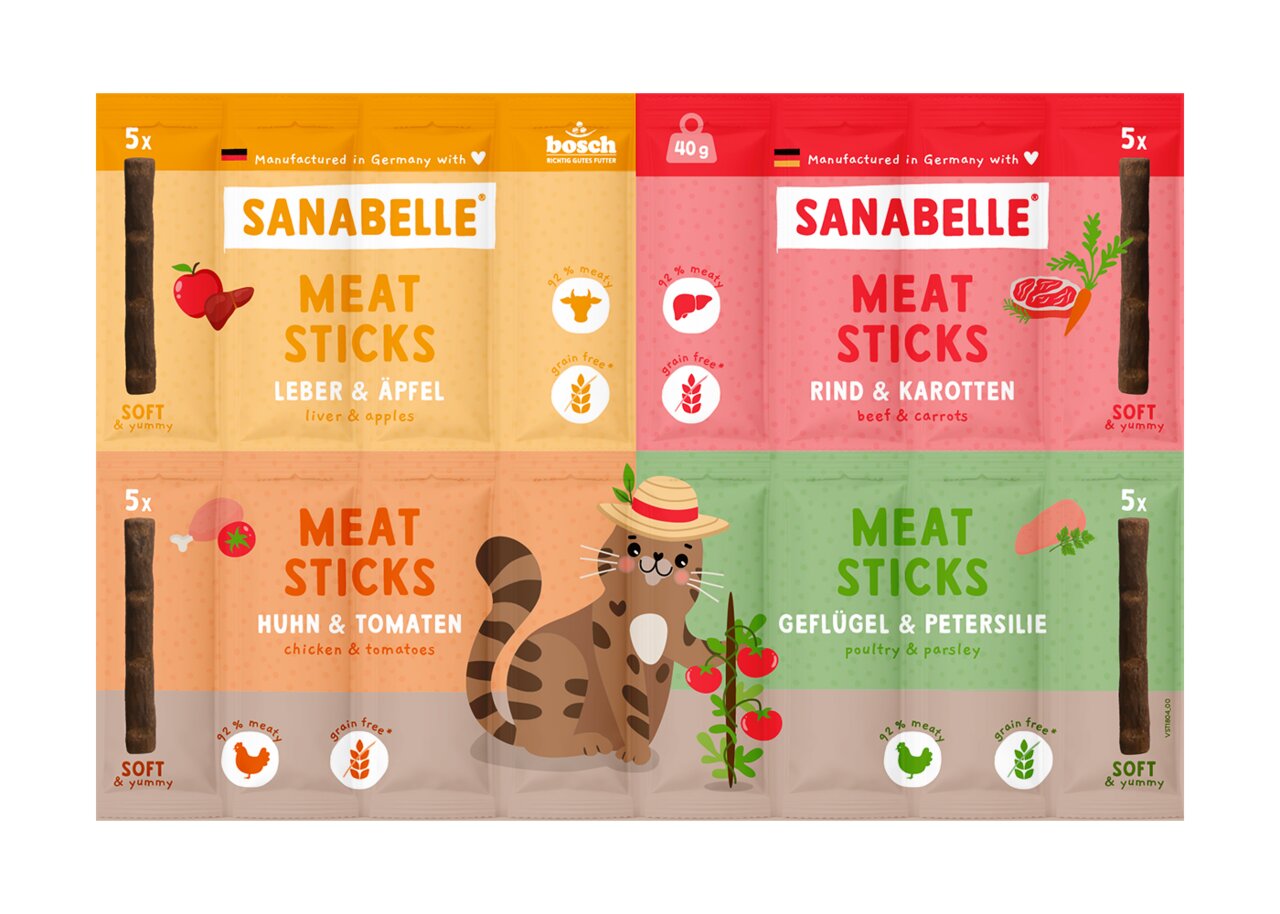 Sanabelle Meat Sticks für Katzen, Geschmacksrichtungen: Leber & Apfel, Rind & Karotten, Huhn & Tomaten, Geflügel & Petersilie, 5x40g.