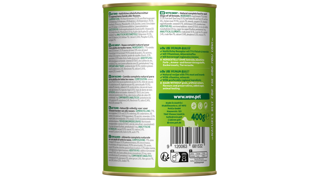 Das Bild zeigt eine grüne Dose des Hundefutters „WOW DOG“ mit der Geschmacksrichtung Rind. Die Marke verspricht natürliche Premium-Qualität mit 71 % Fleischanteil, Vitaminen und Mineralstoffen. Das Produkt ist für Hunde aller Rassen geeignet und enthält 4