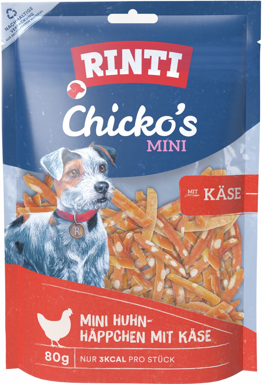 RINTI Chicko’s Mini für Hunde: Mini-Häppchen Huhn-Käse, 80 g, nur 3 kcal-Stk., nachhaltige Verpackung.