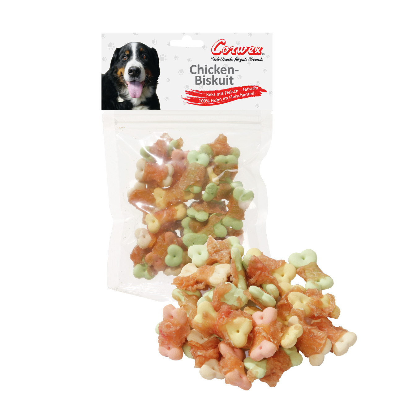 Das Bild zeigt eine transparente Verpackung der Marke Corwex mit dem Produktnamen "Chicken-Biskuit". Es handelt sich um Hundesnacks, die aus Keksen mit Fleisch bestehen. Die Zielgruppe sind Hunde. Die Geschmacksrichtung ist Huhn, mit einem Fleischanteil v