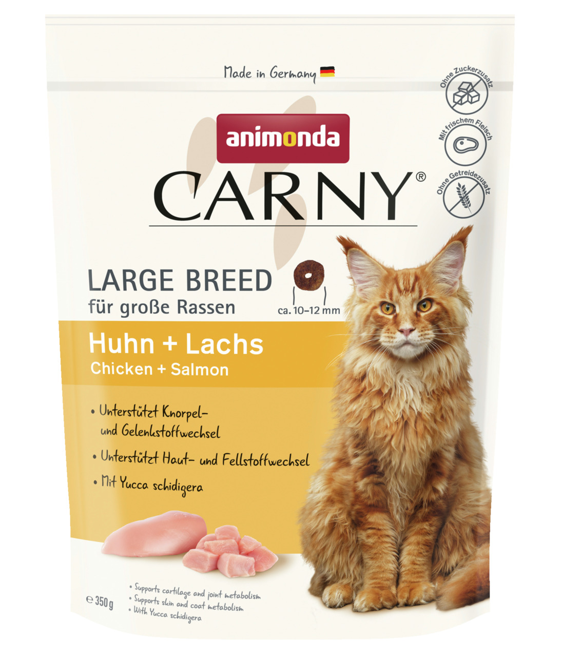Das Bild zeigt eine Verpackung des Katzenfutters „animonda Carny Large Breed“ für große Rassen. Die Geschmacksrichtung ist Huhn und Lachs. Es unterstützt den Knorpel- und Gelenkstoffwechsel sowie Haut- und Fellstoffwechsel. Enthält 350 g, ohne Zucker- und