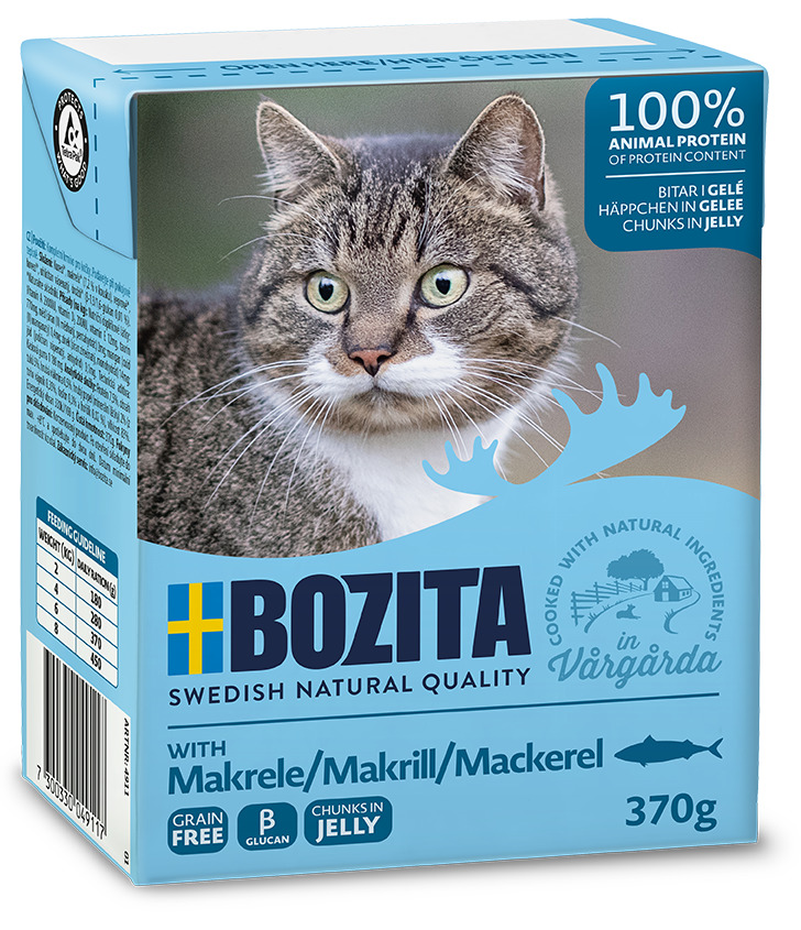 Bozita Swedish Natural Quality Katzenfutter, Makrele in Gelee, 370 g, getreidefrei, 100 % tierisches Protein, natürliche Zutaten.