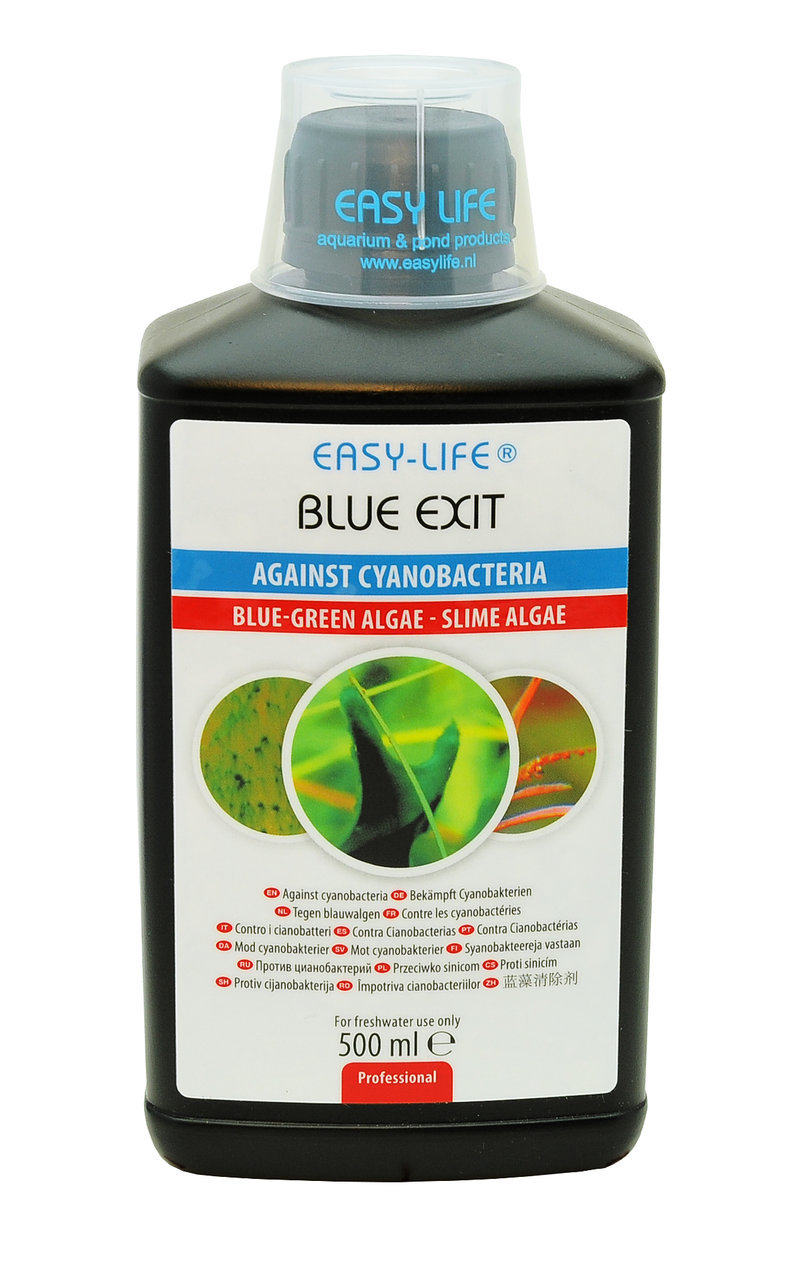Easy-Life Blue Exit, 500 ml, gegen Cyanobakterien in Süßwasseraquarien, mehrsprachige Hinweise, Nahaufnahmen von Algen.