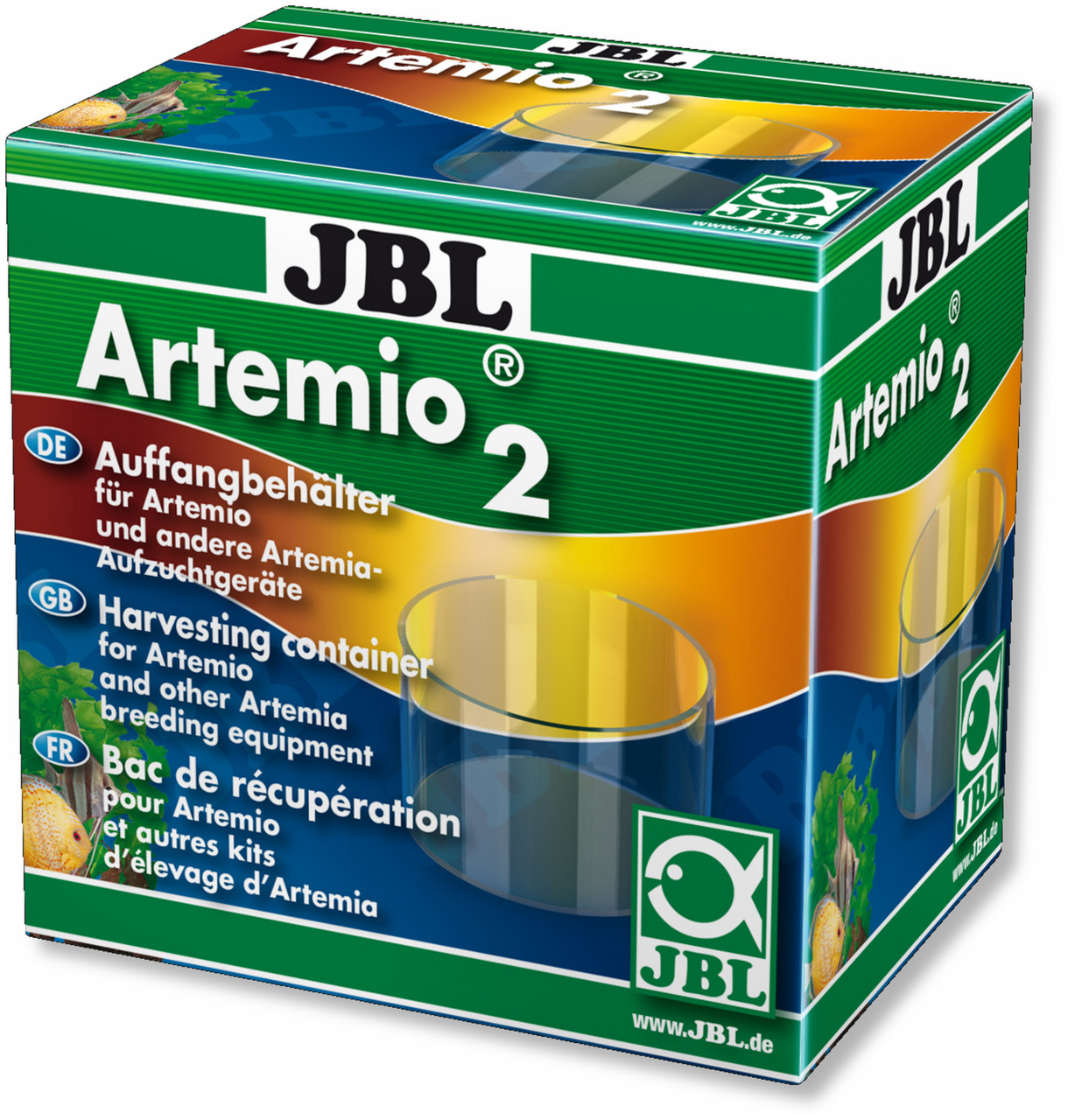 Das Bild zeigt die Verpackung des Produkts „JBL Artemio 2“, einem Auffangbehälter für Artemia und andere Artemia-Aufzuchtgeräte. Die Zielgruppe sind Aquarienbesitzer und Züchter von Artemia. Die Verpackung ist in Grün, Blau und Gelb gestaltet und zeigt da