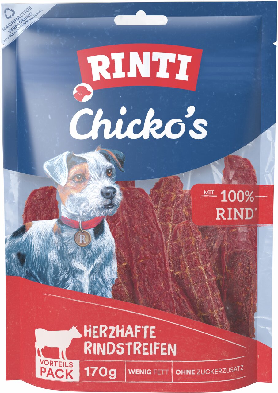 RINTI Chicko's Rindstreifen, 170g, für Hunde, 100% Rind, wenig Fett, ohne Zucker, nachhaltige Verpackung.