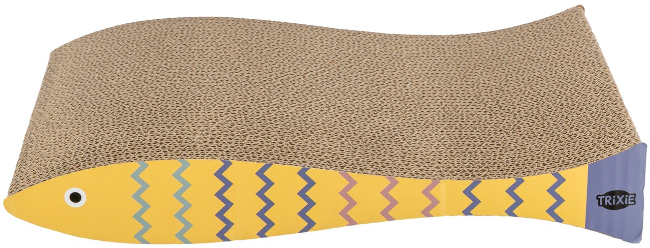 TRIXIE Kratzpappe in Fischform für Katzen, gelb-blaues Design, robuste Kratzfläche aus Wellpappe zum Krallenwetzen.