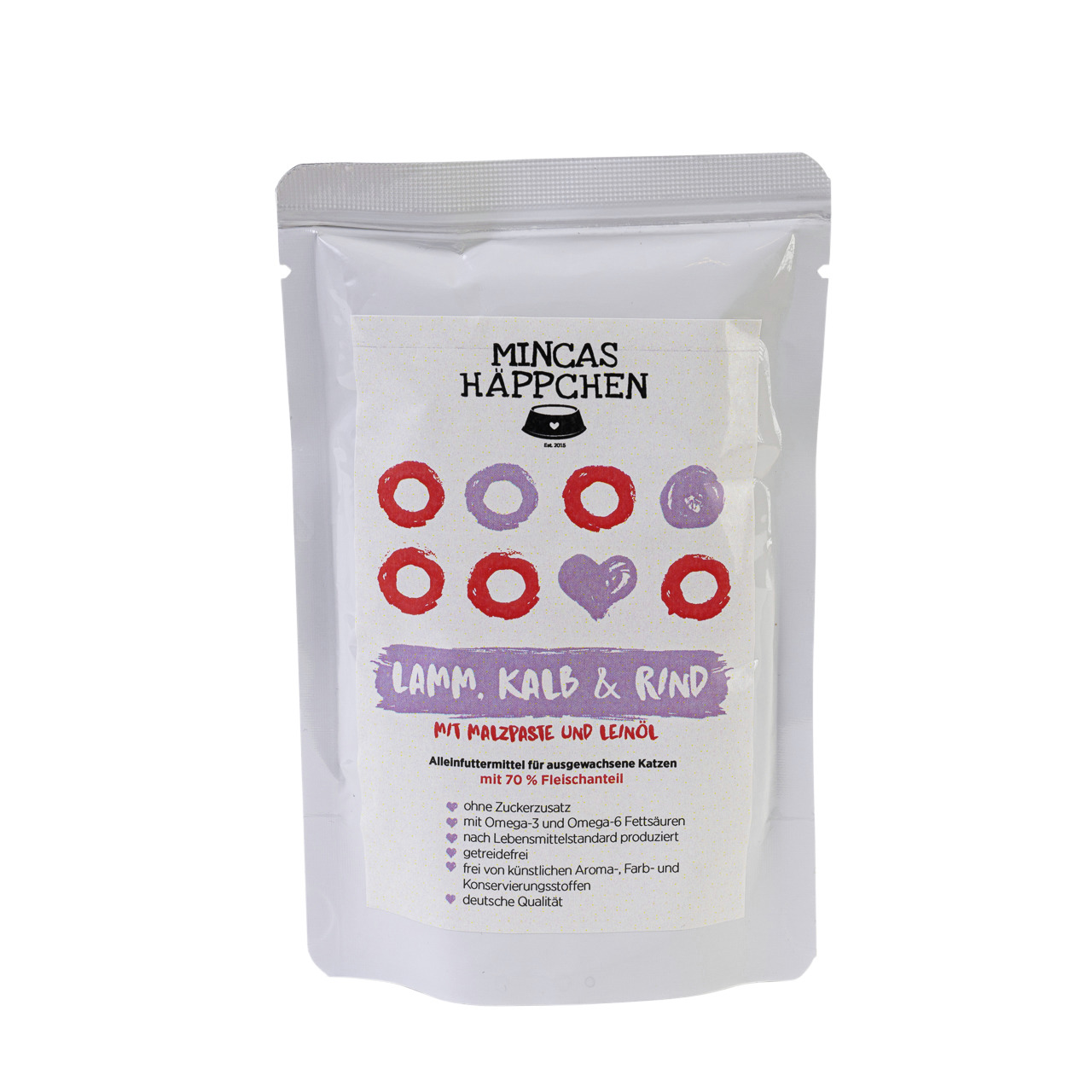 MINCAS HÄPPCHEN Katzenfutter Lamm, Kalb & Rind, 70 % Fleisch, getreidefrei, ohne Zucker, Omega-3--6, dt. Qualität, 125 g.