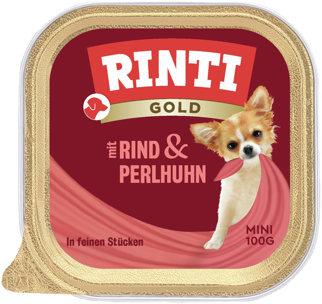 RINTI Gold Hundefutter für kleine Hunde mit Rind & Perlhuhn, in feinen Stücken, 100g Schale, leckere und ausgewogene Mahlzeit.