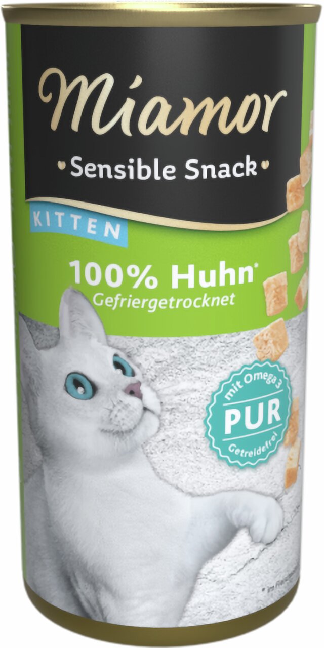 Miamor Sensible Snack für Kitten, 100 % Huhn, gefriergetrocknet, mit Omega-3, getreidefrei, 50 g Dose, grüne Verpackung.
