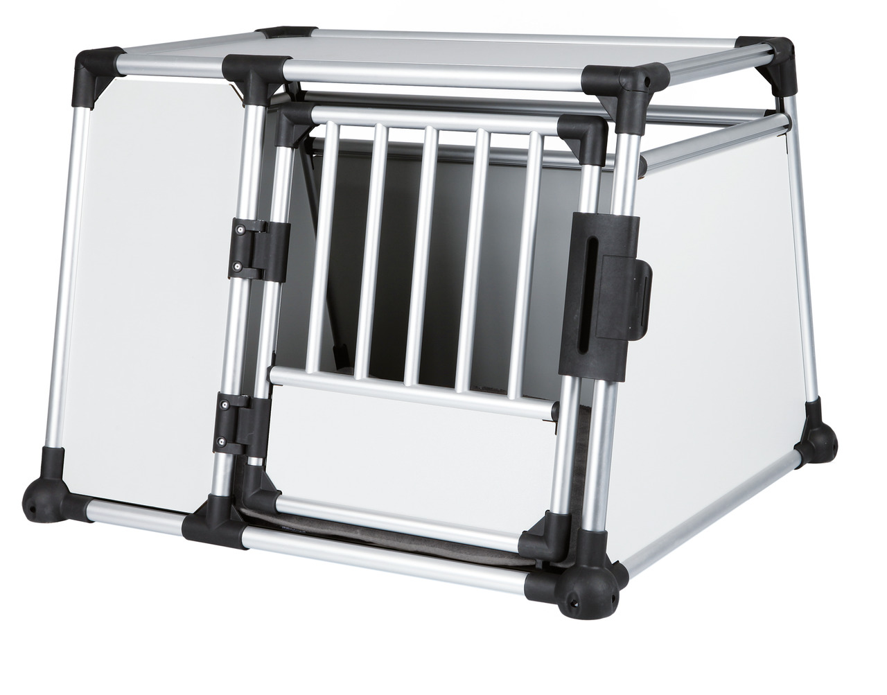 TRIXIE Transportbox Aluminium, für Hunde, robust & sicher, mit Gittertür, Alurahmen, weiße Wände, abgeschrägt, ideal fürs Auto.