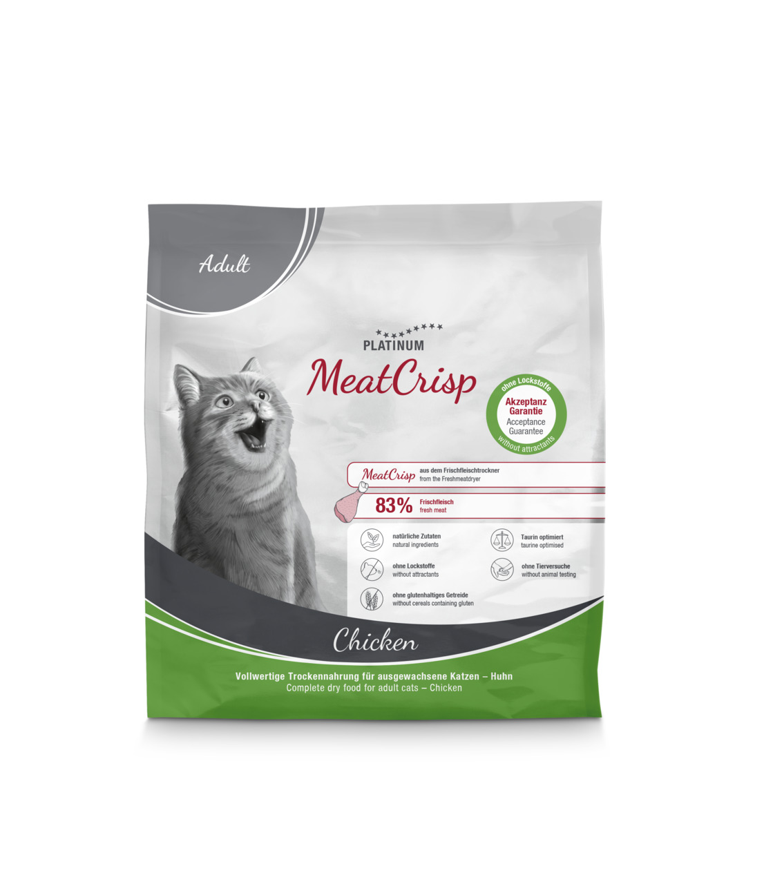 PLATINUM MeatCrisp Huhn, Trockenfutter f. erw. Katzen, 83 % Frischfleisch, ohne Lockstoffe-Gluten, Akzeptanzgarantie.