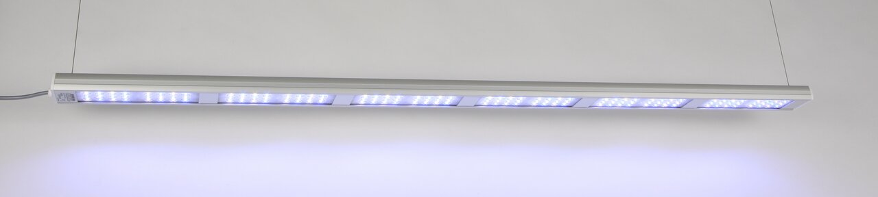 LED-Aquarienbeleuchtung aquaLEDs, geeignet für Süß- und Meerwasseraquarien. Schlankes, modernes Design in Silber mit energieeffizienten, hellen LEDs für optimale Lichtverhältnisse. Perfekt für Aquarienliebhaber, die Wert auf Qualität und Ästhetik legen. E