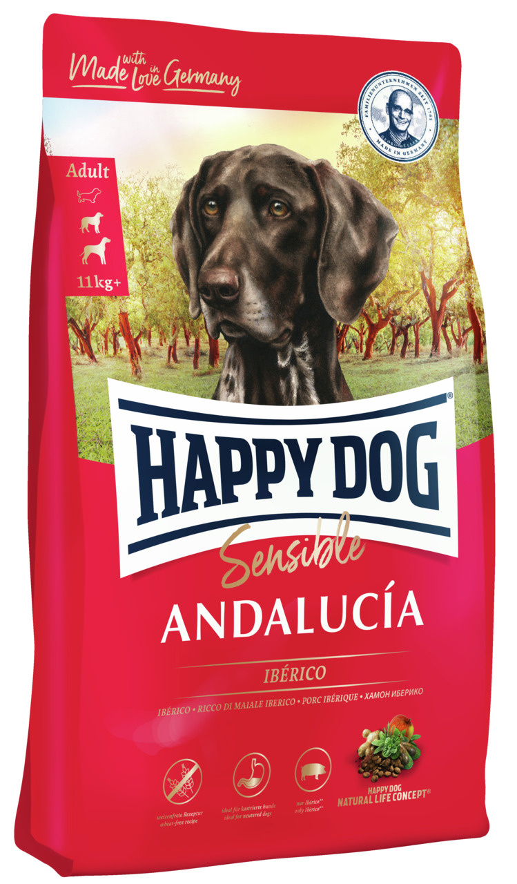 HAPPY DOG Sensible Andalucía, für Hunde ab 11 kg, Ibérico-Schwein, 4 kg, ausgewachsene Hunde, rote Verpackung mit andalus. Landschaft.