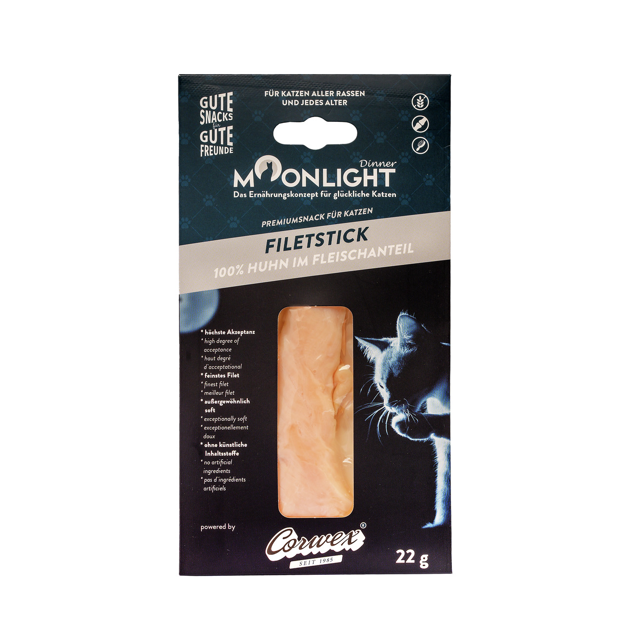 Corwex Moonlight Dinner Filetsticks, Katzensnack, Huhn, 100 % Fleischanteil, 22 g, weiche Textur, hohe Akzeptanz, ohne künstl. Stoffe.