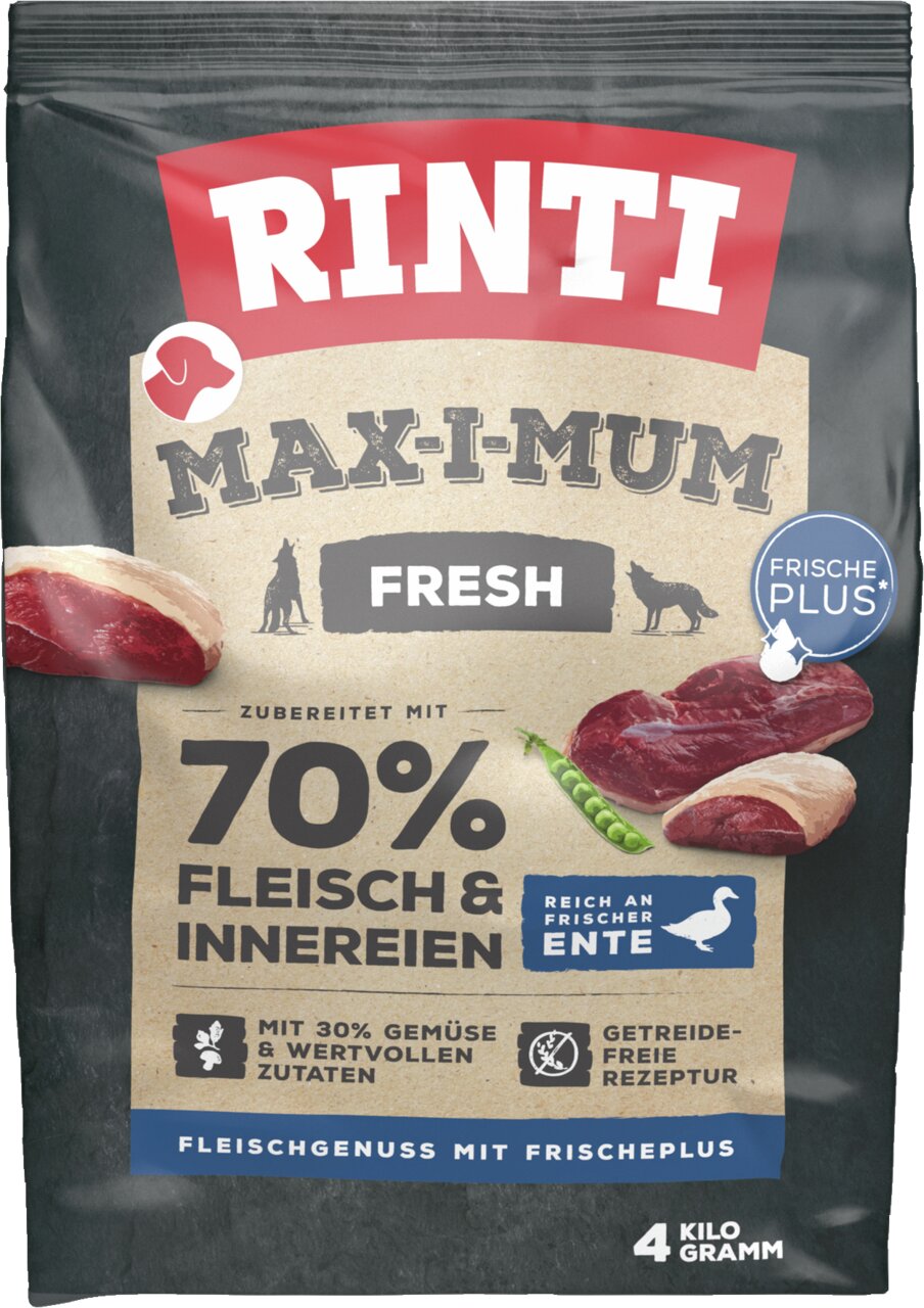 RINTI Max-i-mum Fresh Hundefutter, Ente, getreidefreie Rezeptur mit 70% Fleisch & Innereien, 4 kg, für ausgewachsene Hunde.