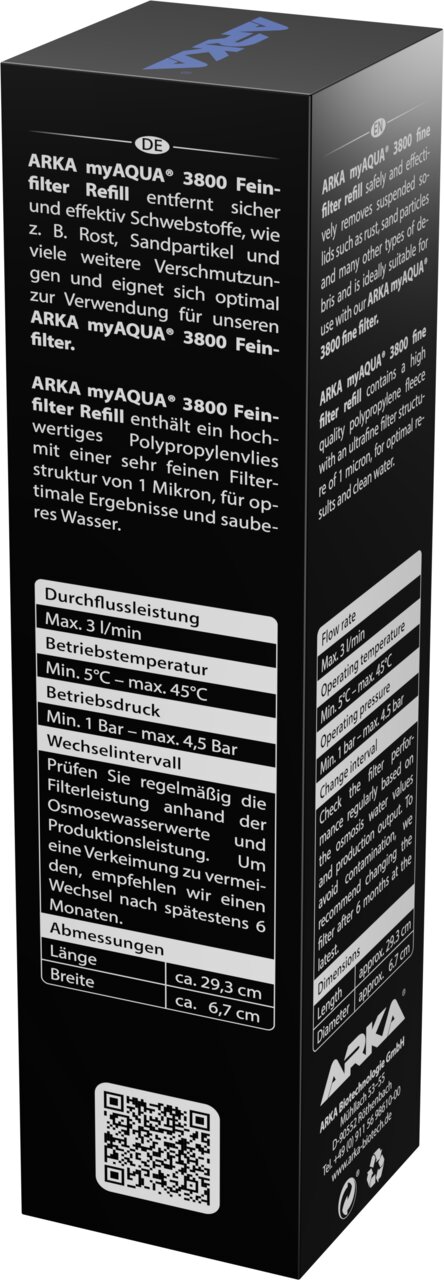 ARKA myAQUA 3800 Feinfilter Refill für Aquaristik, entfernt Schwebstoffe wie Rost und Sand, für Osmosewasserfilter.