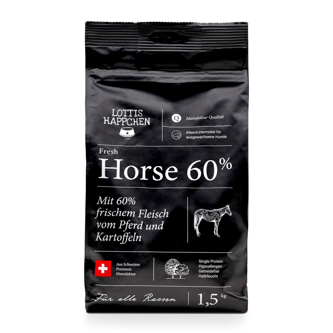 Lottis Häppchen Fresh Horse 60%: Alleinfutter f. erw. Hunde, 60% Pferd, getreidefrei, hypoallergen, Single-Protein, 1,5 kg.