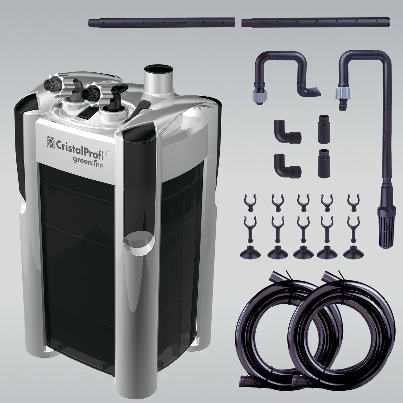 Das Bild zeigt den JBL CristalProfi greenline Außenfilter, ein hochwertiges Filtersystem für Aquarien. Der Filter ist für Aquarienbesitzer konzipiert und bietet eine energieeffiziente und leise Wasseraufbereitung. Abgebildet sind der Filterkörper, Schläuc