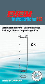 Das Bild zeigt das EHEIM InstallationsSET Verlängerungsrohr, geeignet für Aquarienbesitzer, die ihre Filteranlage erweitern möchten. Enthalten sind zwei Verlängerungsrohre, die mit anderen EHEIM-Produkten kompatibel sind. Die Verpackung betont „Made in Ge