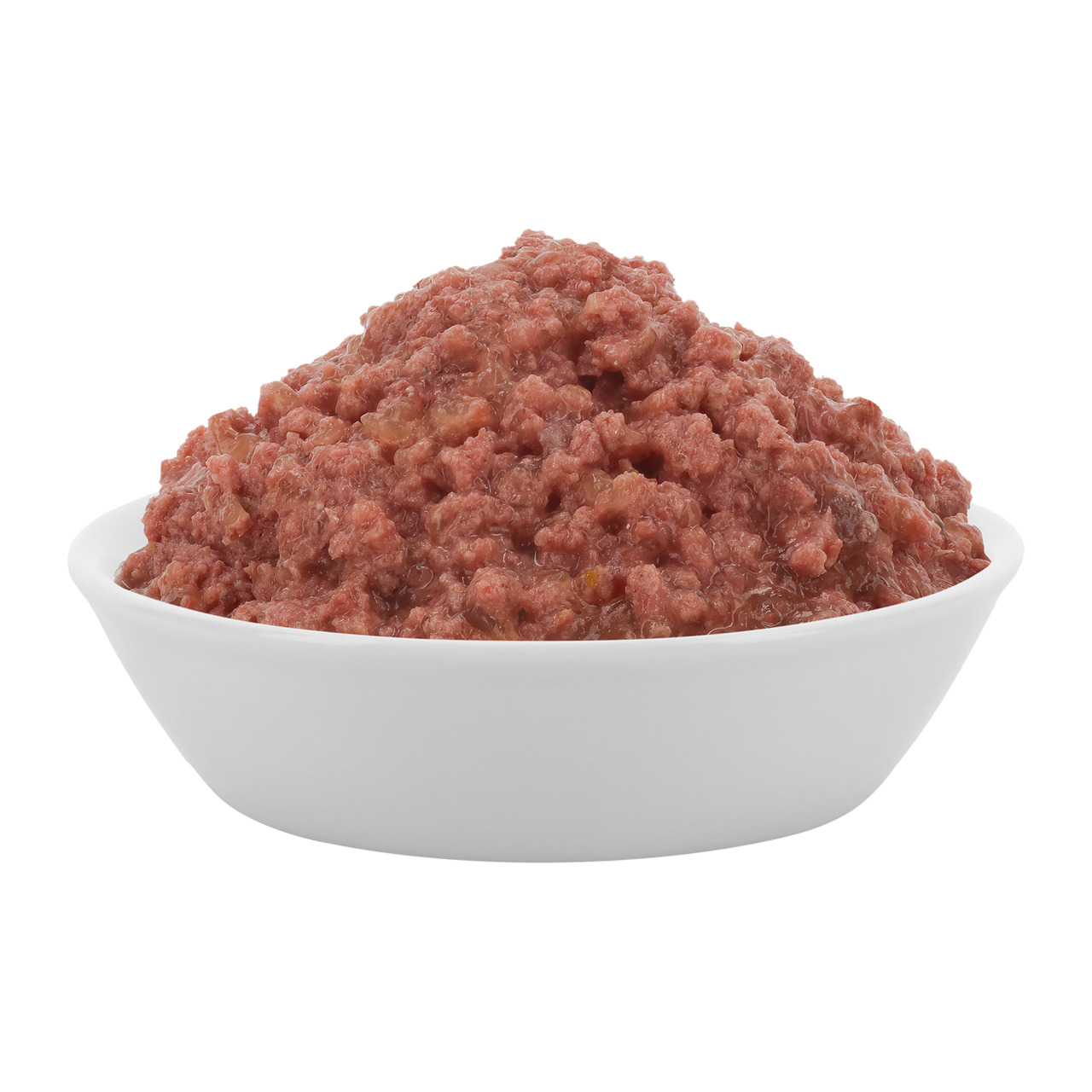 Eine weiße Schale, gefüllt mit Lucky Lou Nassfutter für Hunde, Geschmacksrichtung Rind. Das Futter i