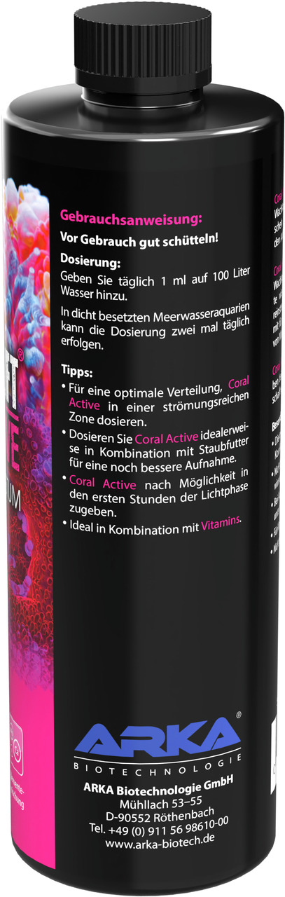 Das Bild zeigt eine schwarze Flasche des Produkts "MICROBE-LIFT Coral Active" von der Marke ARKA Biotechnologie. Es handelt sich um ein Ergänzungsmittel für Meerwasseraquarien, das Korallenwachstum fördert. Die Flasche enthält 250 ml und ist für Aquarienb