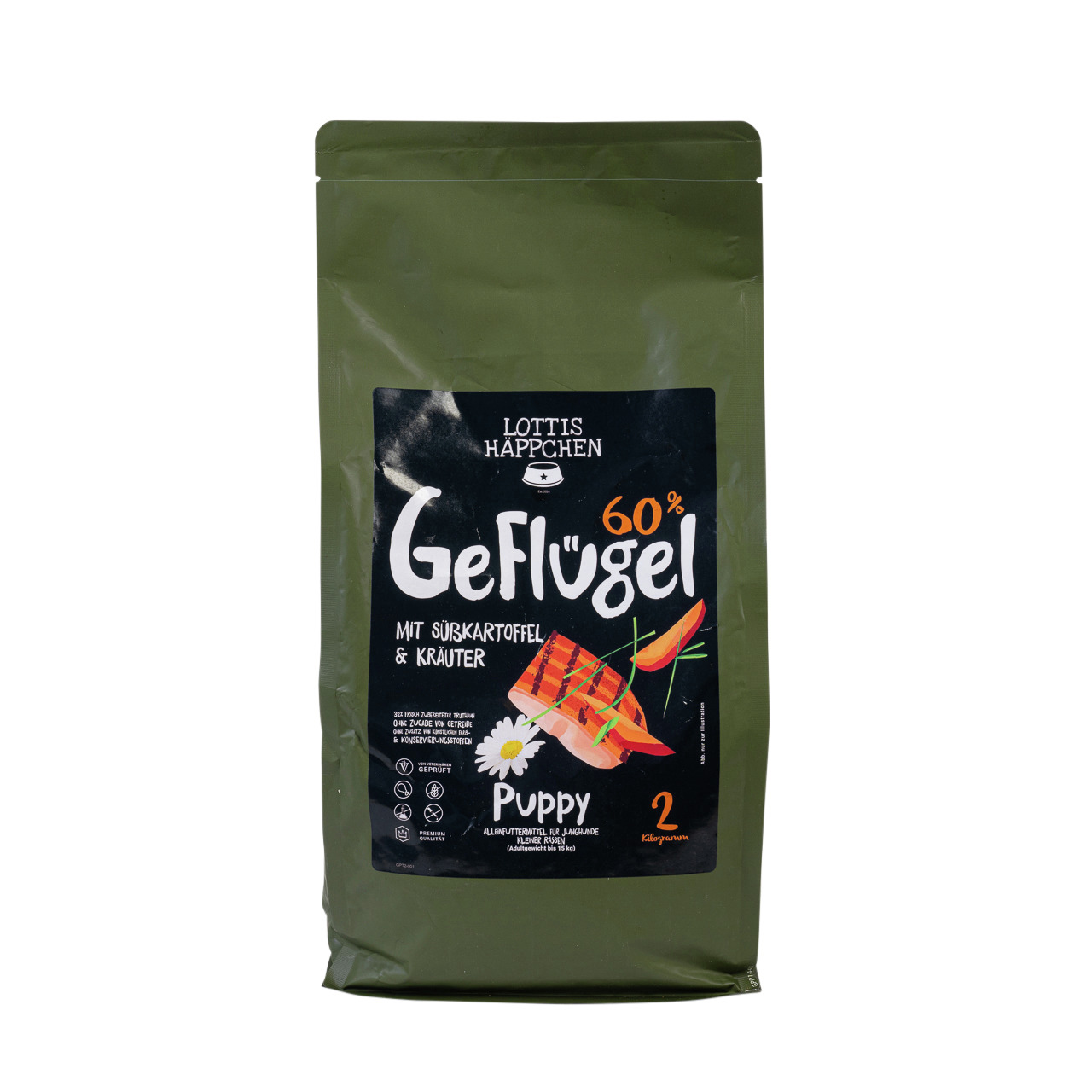 Lottis Häppchen Geflügel 60% für Welpen, 2 kg, mit Süßkartoffel & Kräutern, Alleinfuttermittel für junge Hunde.