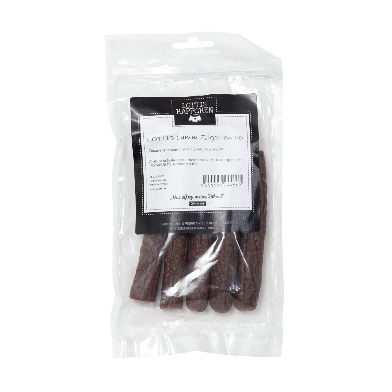 LOTTIS HÄPPCHEN Lamm-Zigarren, Kausnack für Hunde, 97 % Lamm, 3 % Tapioka, „Das pflegt meine Zähne!“, 5 Stück.