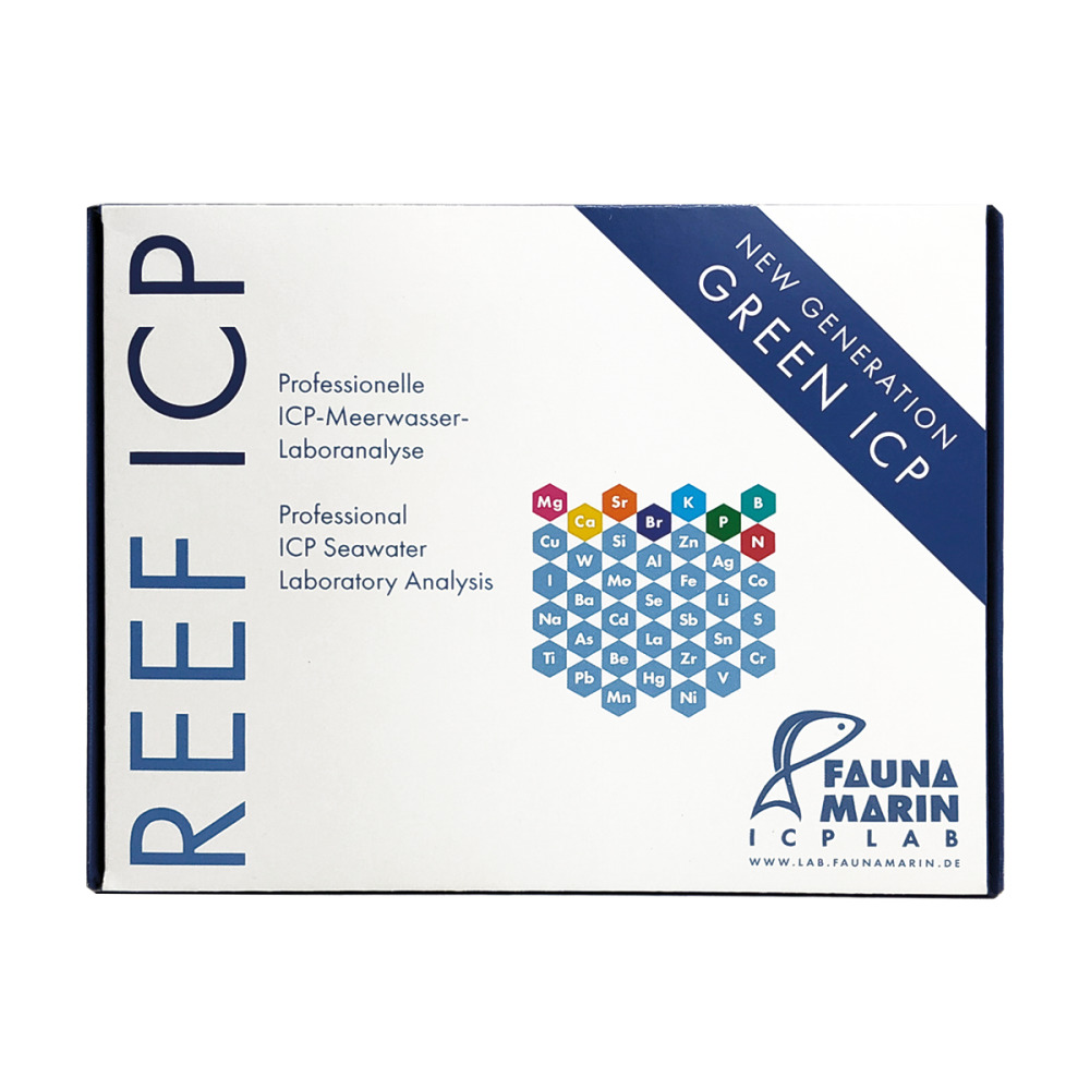 FAUNA MARIN REEF ICP, für Aquarienbesitzer, Meerwasseranalyse, „New Generation Green ICP“, weiße Verpackung, blaue Akzente.