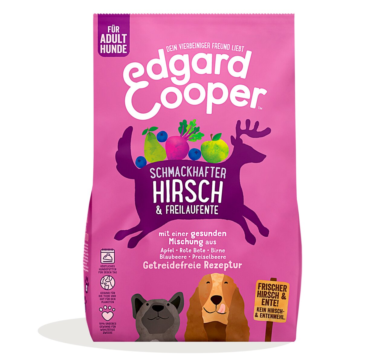 Edgard & Cooper Hundefutter, Hirsch & Freilaufente, für ausgew. Hunde, getreidefrei, mit Apfel, Roter Bete, Birne, Blaubeere, Preiselbeere.
