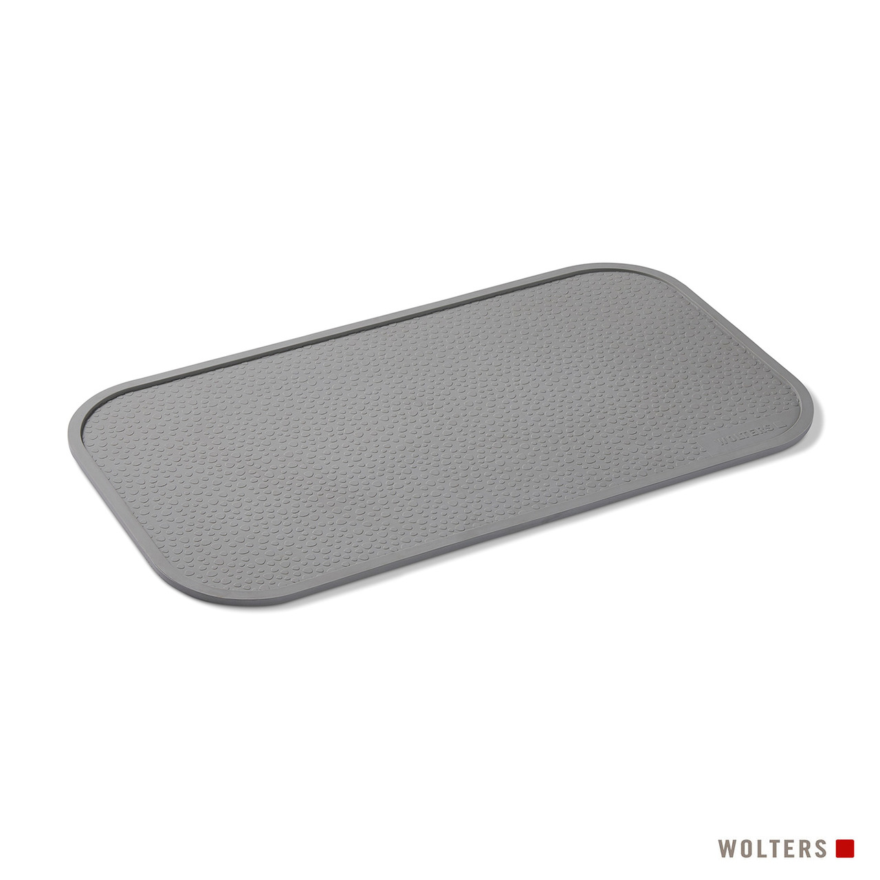Graue Napfunterlage der Marke Wolters, Modell "Clean Feeding Mat", speziell für Haustiere wie Hunde und Katzen. Die rutschfeste Unterlage aus Silikon schützt Böden vor Futter- und Wasserspritzern. Rechteckige Form mit abgerundeten Ecken, ideal für saubere