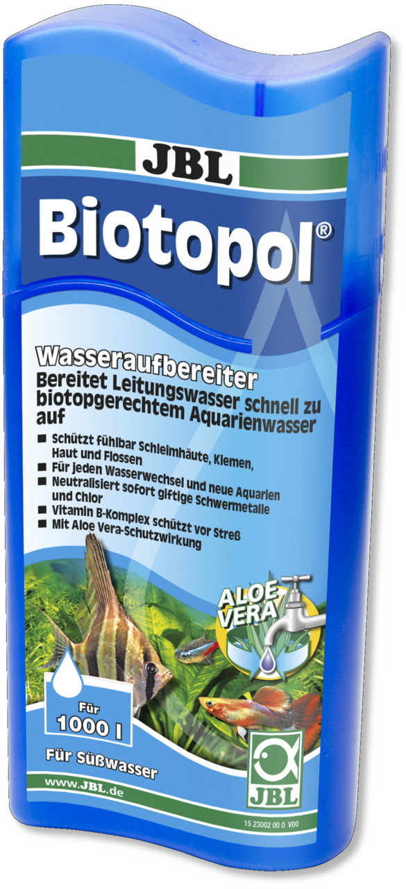 JBL Biotopol, Wasseraufbereiter für Süßwasseraquarien, 1000 L, neutralisiert Schwermetalle/Chlor, schützt Schleimhäute, mit Vit. B/Aloe.