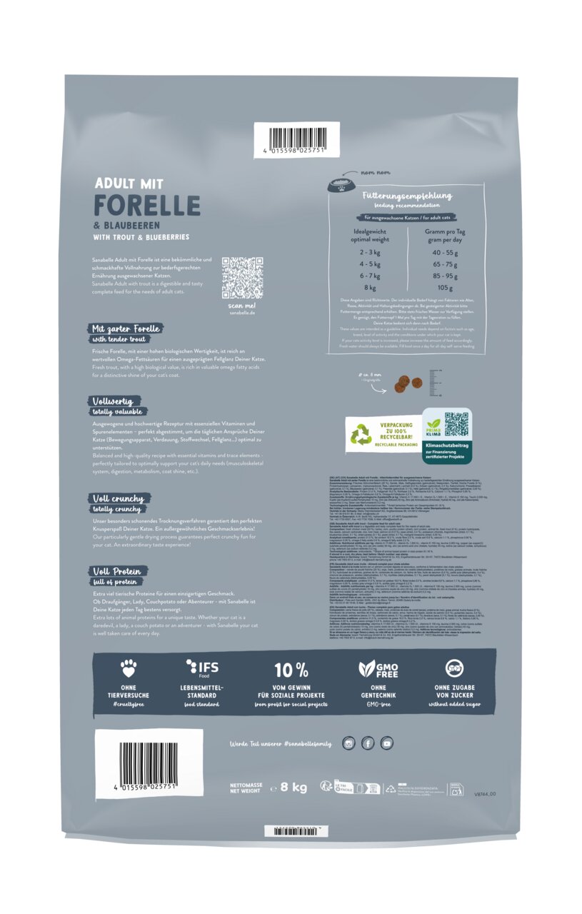 Sanabelle Adult Trockenfutter f. ausgew. Katzen, Forelle & Blaubeeren, 8 kg, ohne Gentechnik, Tierversuche & Zuckerzusatz.