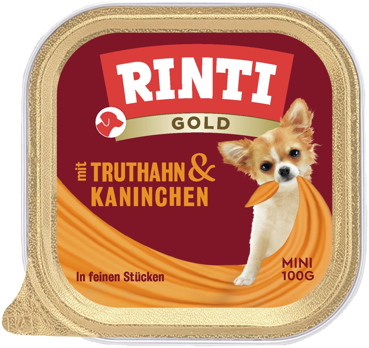 RINTI Gold Hundefutter Mini mit Truthahn und Kaninchen, für kleine Hunde, in feinen Stücken, 100 g.