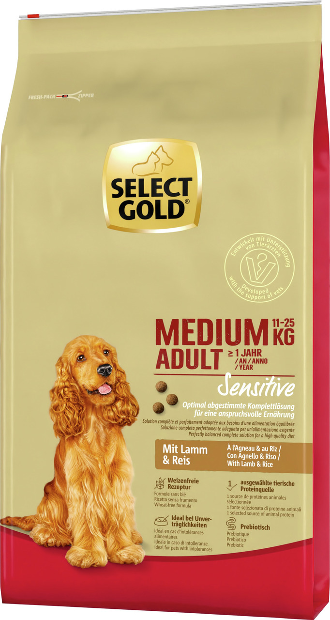 Select Gold Medium Adult Sensitive, Hunde 11-25 kg ab 1 Jahr, Lamm & Reis, weizenfrei, für sensible Hunde, 1 kg.
