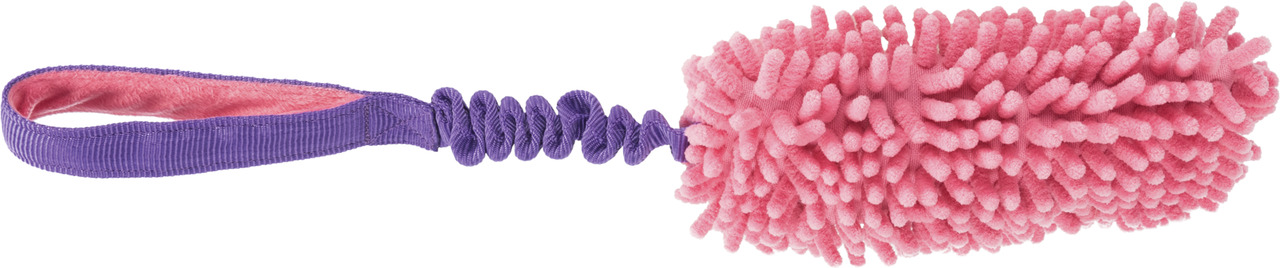 Das Bild zeigt das TRIXIE Spielzeug "Dog Activity Bungee Dummy" für Hunde. Es handelt sich um ein interaktives Spielzeug mit einer elastischen Schlaufe und einem pinkfarbenen Mikrofaseraufsatz. Geeignet für Hunde aller Größen, fördert es Spiel und Bewegun