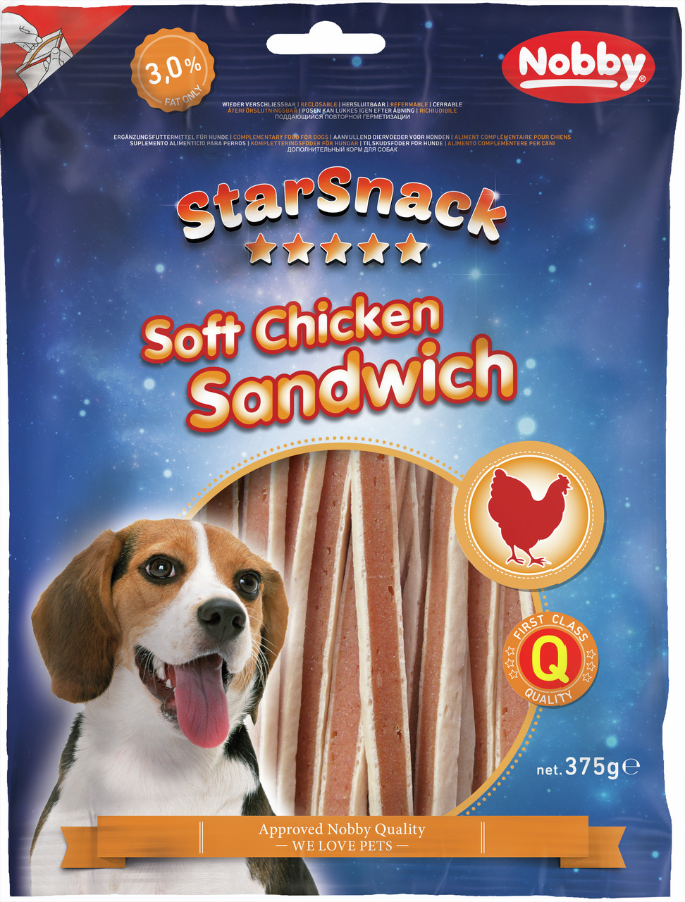 Nobby StarSnack Soft Chicken Sandwich, Snack f. Hunde, Huhn, 375 g, 3,0 % Fett, First Class Quality, Beagle auf Verpackung.