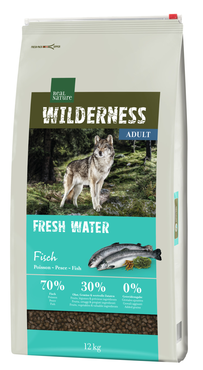 REAL NATURE WILDERNESS Fresh Water, 12 kg, für erw. Hunde, Fisch, 70 % Fisch, 30 % Obst/Gemüse, 0 % Getreide, nat. Rezeptur.