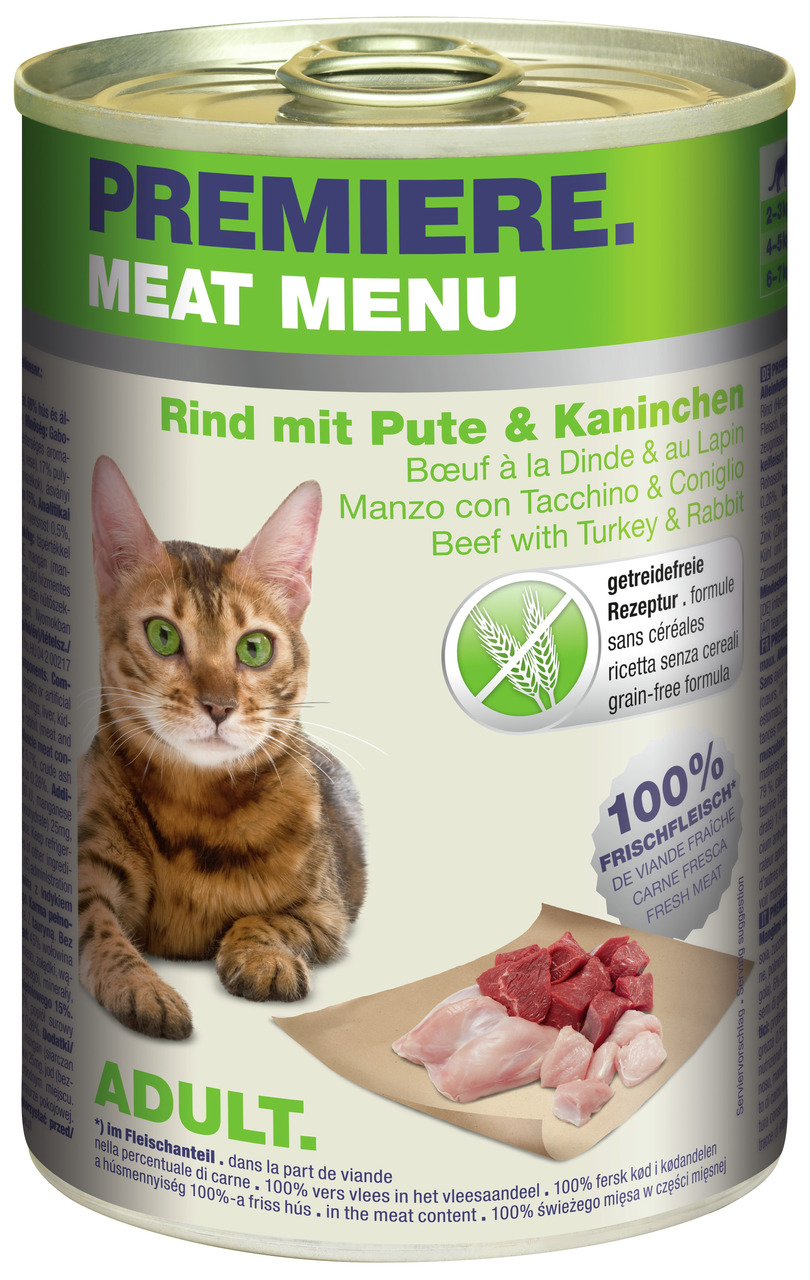 Das Bild zeigt eine Dose Katzenfutter der Marke PREMIERE mit der Aufschrift "Meat Menu". Die Sorte ist "Rind mit Pute & Kaninchen". Es handelt sich um ein getreidefreies Nassfutter für ausgewachsene Katzen (Adult). Die Dose enthält 100 % Frischfleisch im 