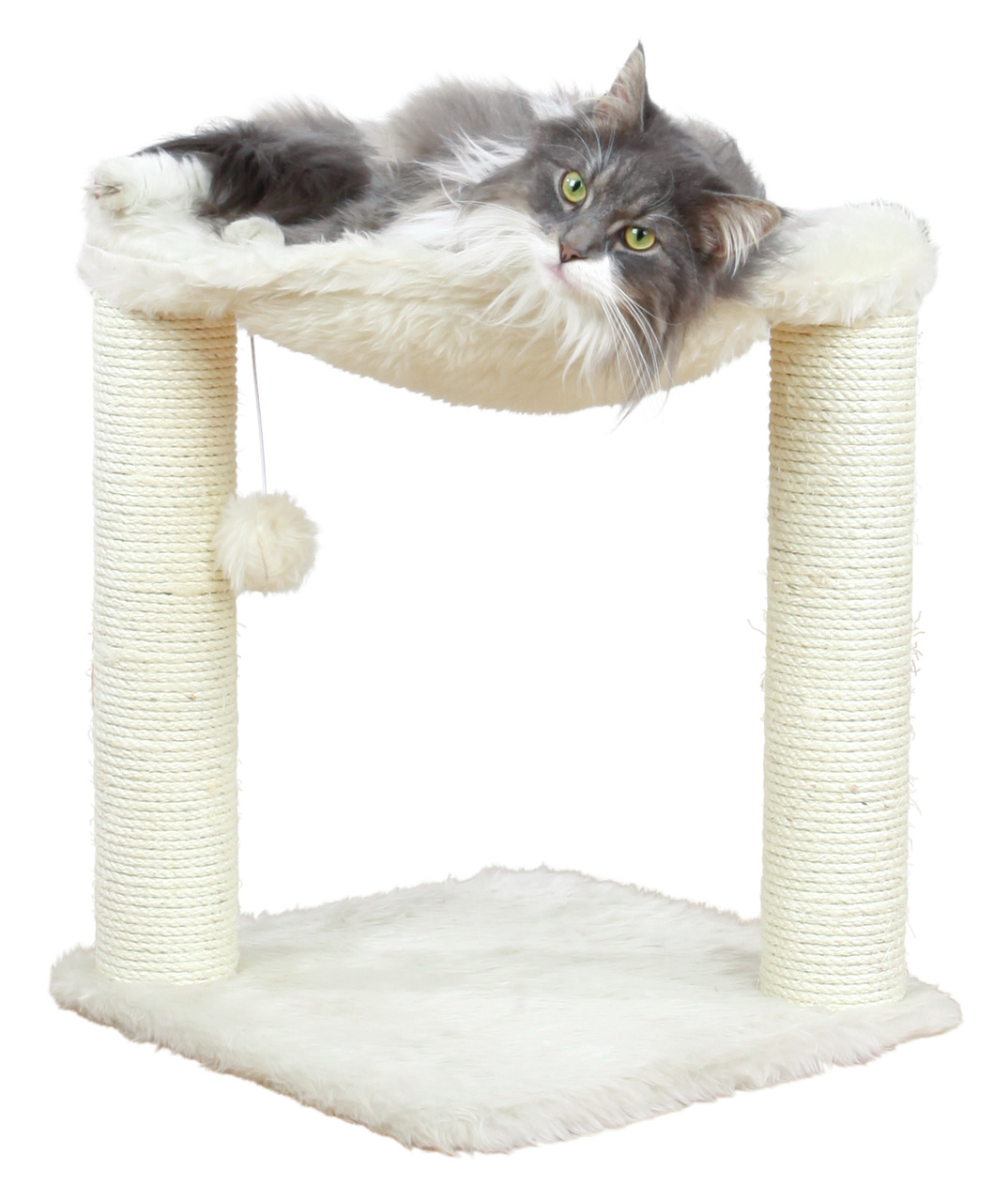 Das Bild zeigt den TRIXIE Kratzbaum Baza, ein Produkt für Katzen. Der Kratzbaum ist mit weichem, cremefarbenem Plüsch bezogen und verfügt über zwei stabile Sisalstämme, die ideal zum Krallenwetzen geeignet sind. Oben befindet sich eine gemütliche Hängemat