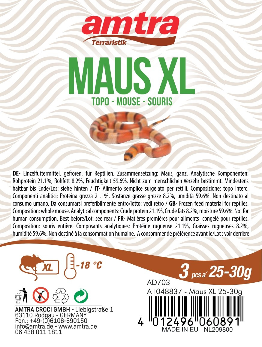 amtra Maus XL, Einzelfuttermittel f. Reptilien: Ganze Mäuse (25-30 g), 3 Stk./Packung. Rohprotein 21,1 %, Rohfett 8,2 %. Lagerung -18 °C.