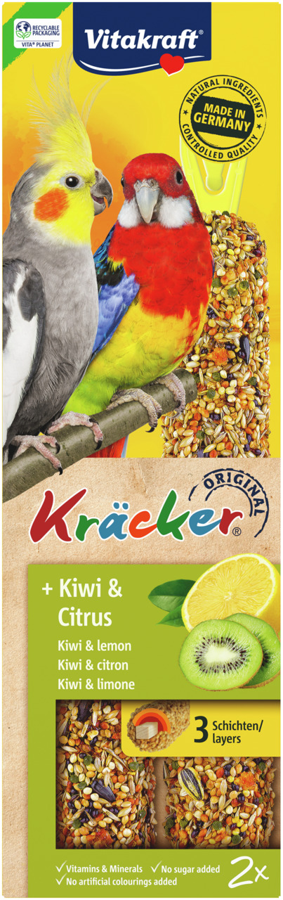Vitakraft Kräcker Original Kiwi & Citrus für Sittiche/Papageien, 2 Stk., mit Vitaminen/Mineralien, ohne Zuckerzusatz/künstl. Farbstoffe.