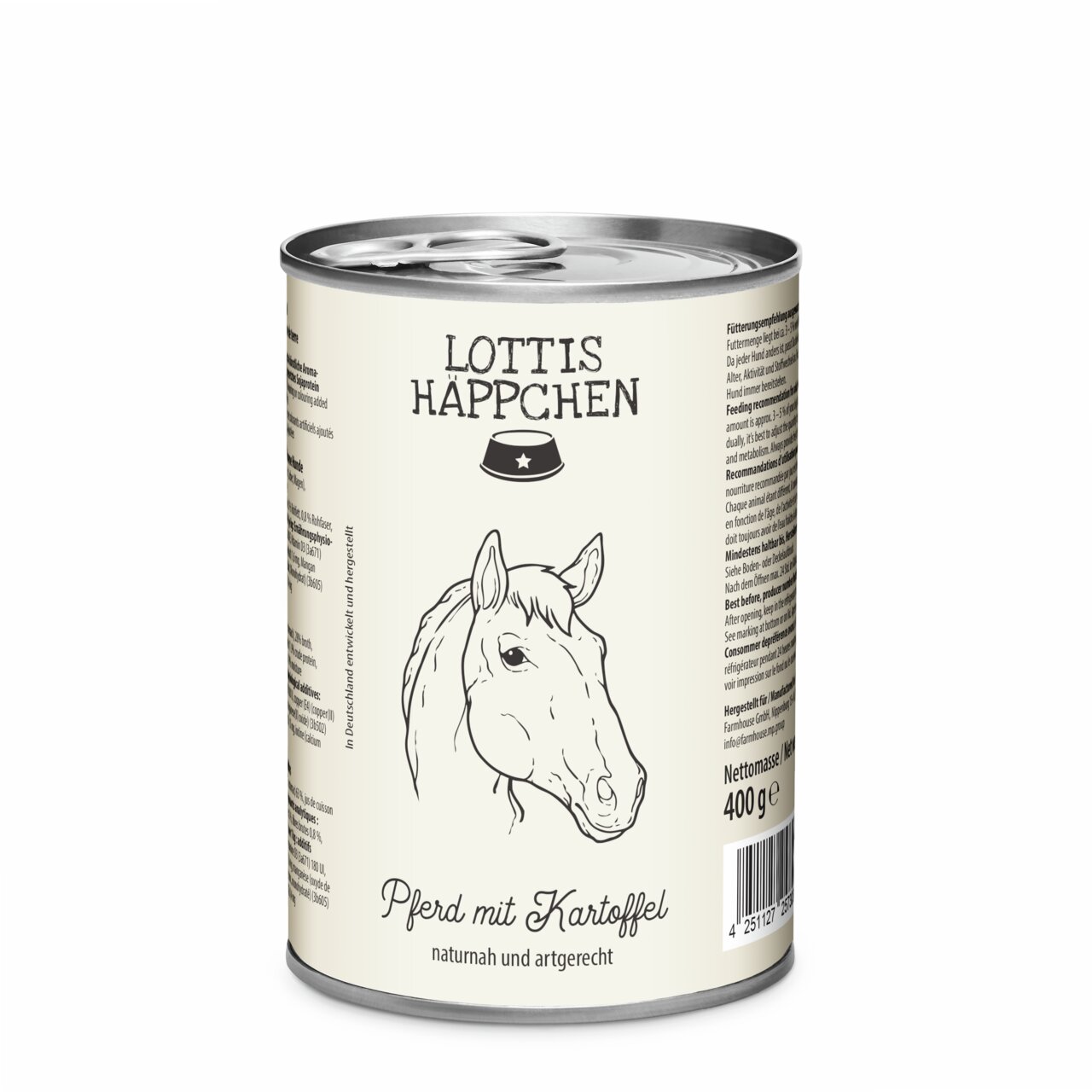 LOTTIS HÄPPCHEN Nassfutter für Hunde, Geschmacksrichtung Pferd mit Kartoffel, 400 g, naturnah und artgerecht hergestellt.