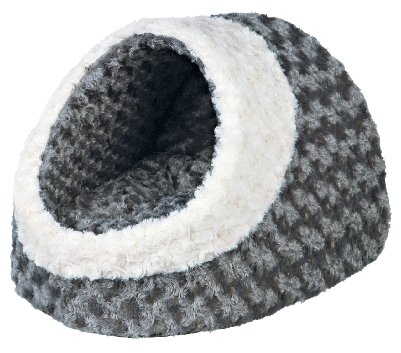 Das Bild zeigt das TRIXIE Kuschelbett für Katzen und kleine Hunde, Modell EAN 4053032363410. Es ist grau mit einer weißen, flauschigen Umrandung und besteht aus weichem Plüschmaterial. Das Bett bietet eine gemütliche Höhle für Haustiere, ideal für Rückzug
