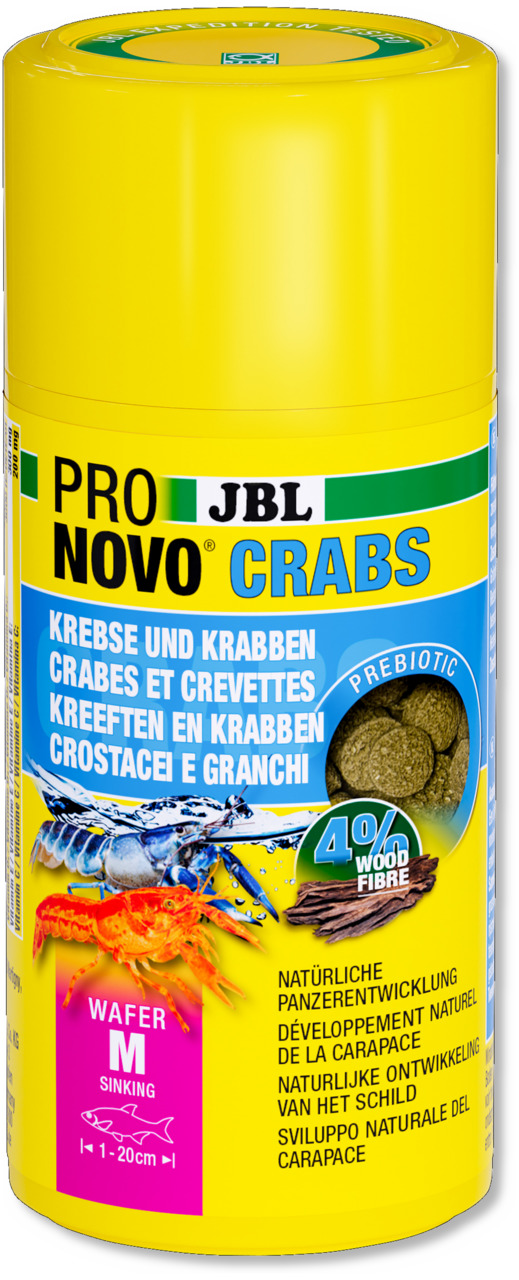 JBL ProNovo Crabs, Hauptfutter f. Süß--Meerwasserkrebse (1-20 cm), Wafer m. 4 % Holzfaser, 100 ml, prebiotisch, sinkend, Größe M.