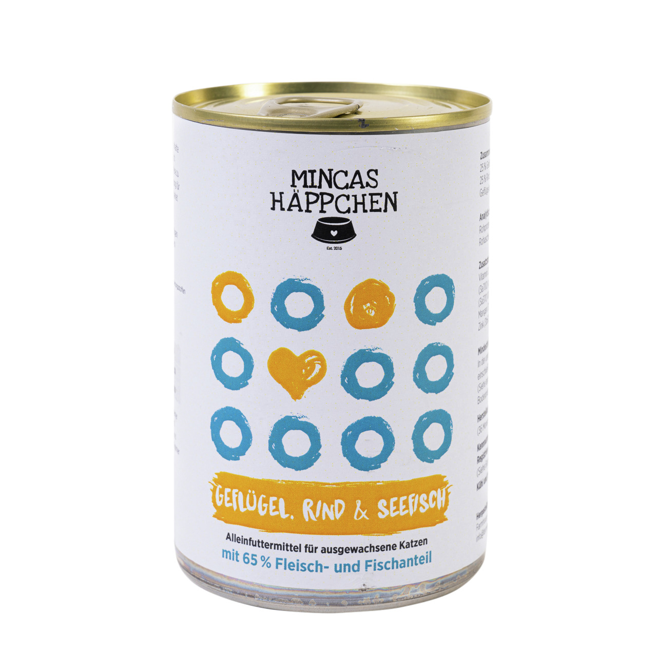 MINCAS HÄPPCHEN Katzenfutter Geflügel, Rind & Seefisch, Alleinfutter für ausgewachsene Katzen, 65 % Fleisch-Fisch, Dose.