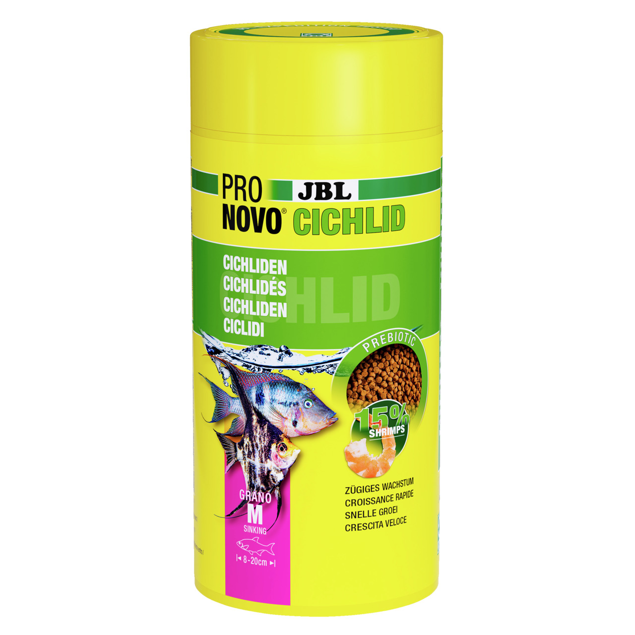 JBL ProNovo Cichlid Grano M: Fischfutter für Cichliden (8-20 cm), 15 % Shrimps, fördert Wachstum.