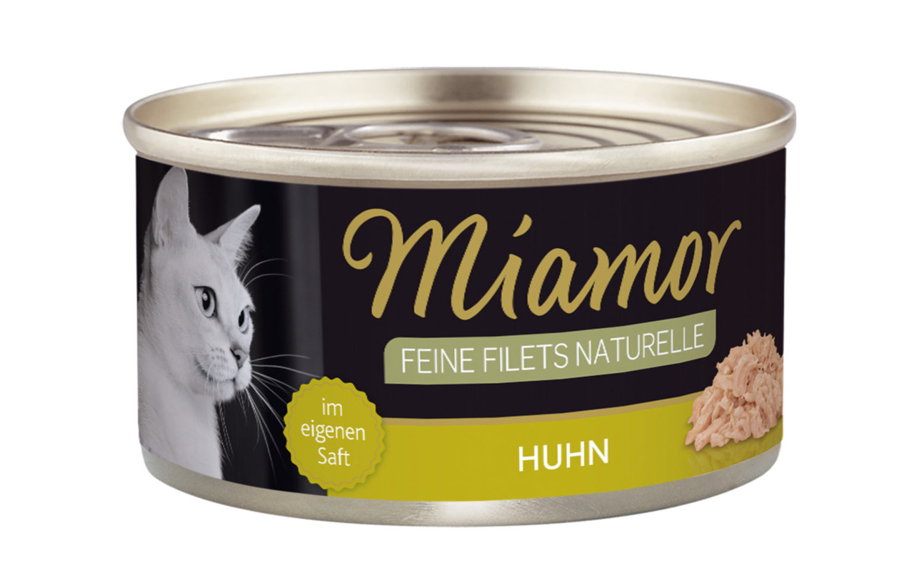Miamor Feine Filets Naturelle, Katzenfutter, Huhn im eigenen Saft, für Katzen, 125 g, mit weißem Katzenkopf auf der Dose.
