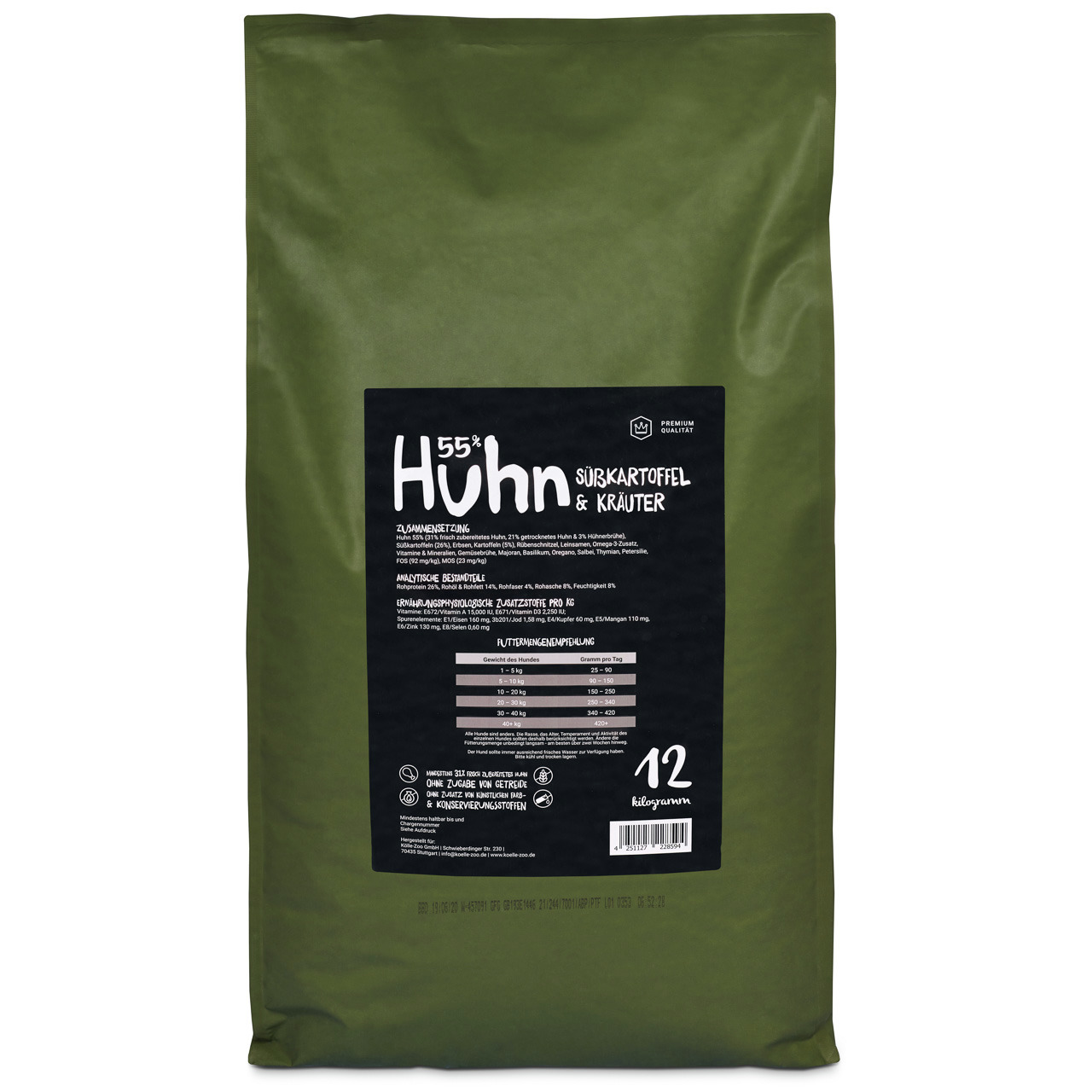 Lottis Häppchen Hundefutter, Huhn, Süßkartoffel & Kräuter, 12 kg, getreidefrei, leicht verdaulich, für Hunde, 55 % Huhn.