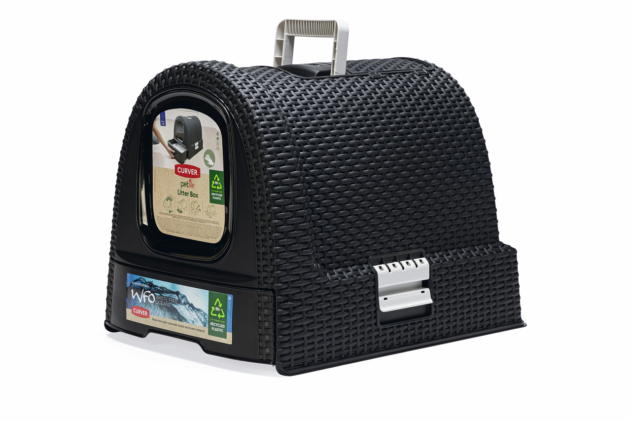 Curver Katzentoilette „Petlife Litter Box“, Schwarz, Rattan-Design, recycelter Kunststoff, Tragegriff, Schublade, ideal für Katzen.